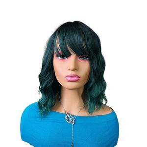 Dark Green Short Bob Wigs with Bangs for Women Loose Wavy Wig Curly Wavy Shoulde